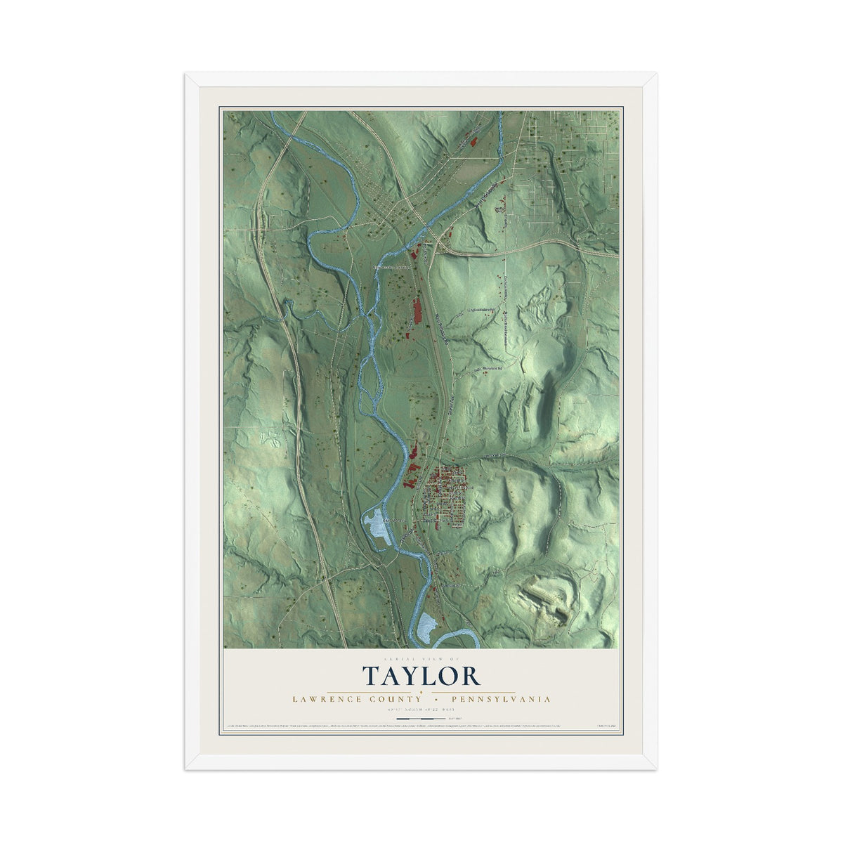 Map of Taylor, Lawrence County, Pennsylvania, 12 x 18 inch print in a white wood frame