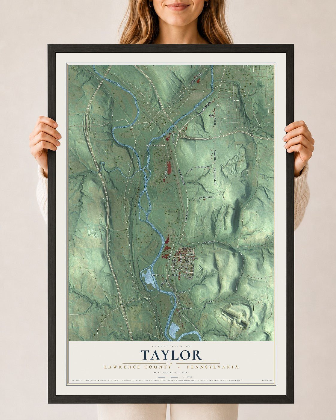 Map of Taylor, Lawrence County, Pennsylvania, 24 x 36 inch print in a black wood frame