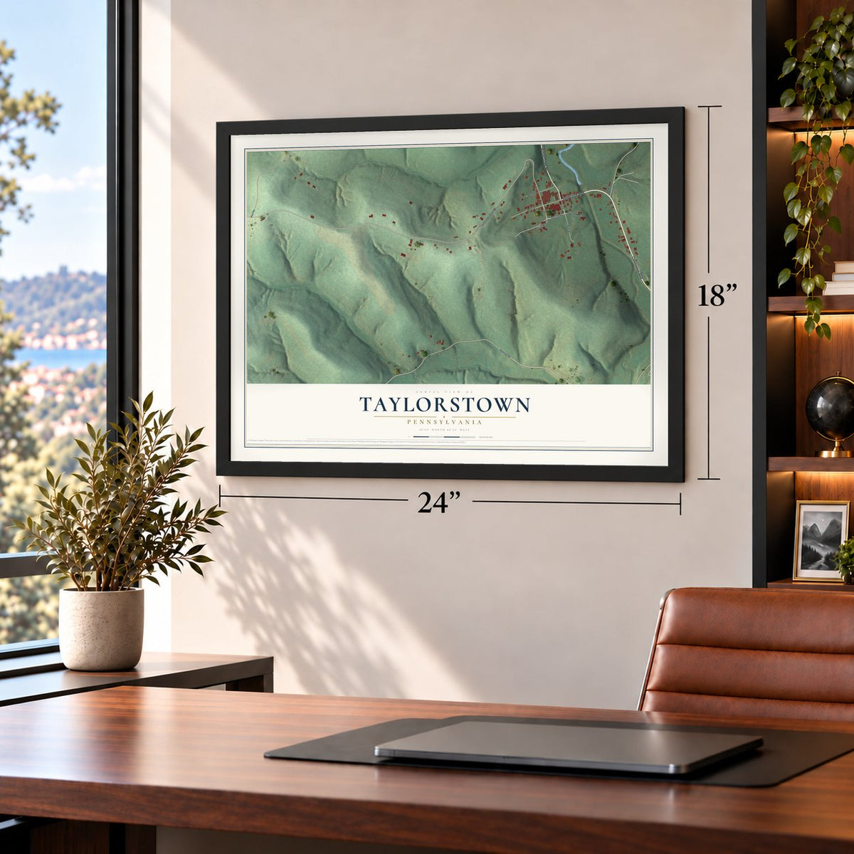 Taylorstown, Pennsylvania map, 18 x 24 inch print in a black frame in a home office