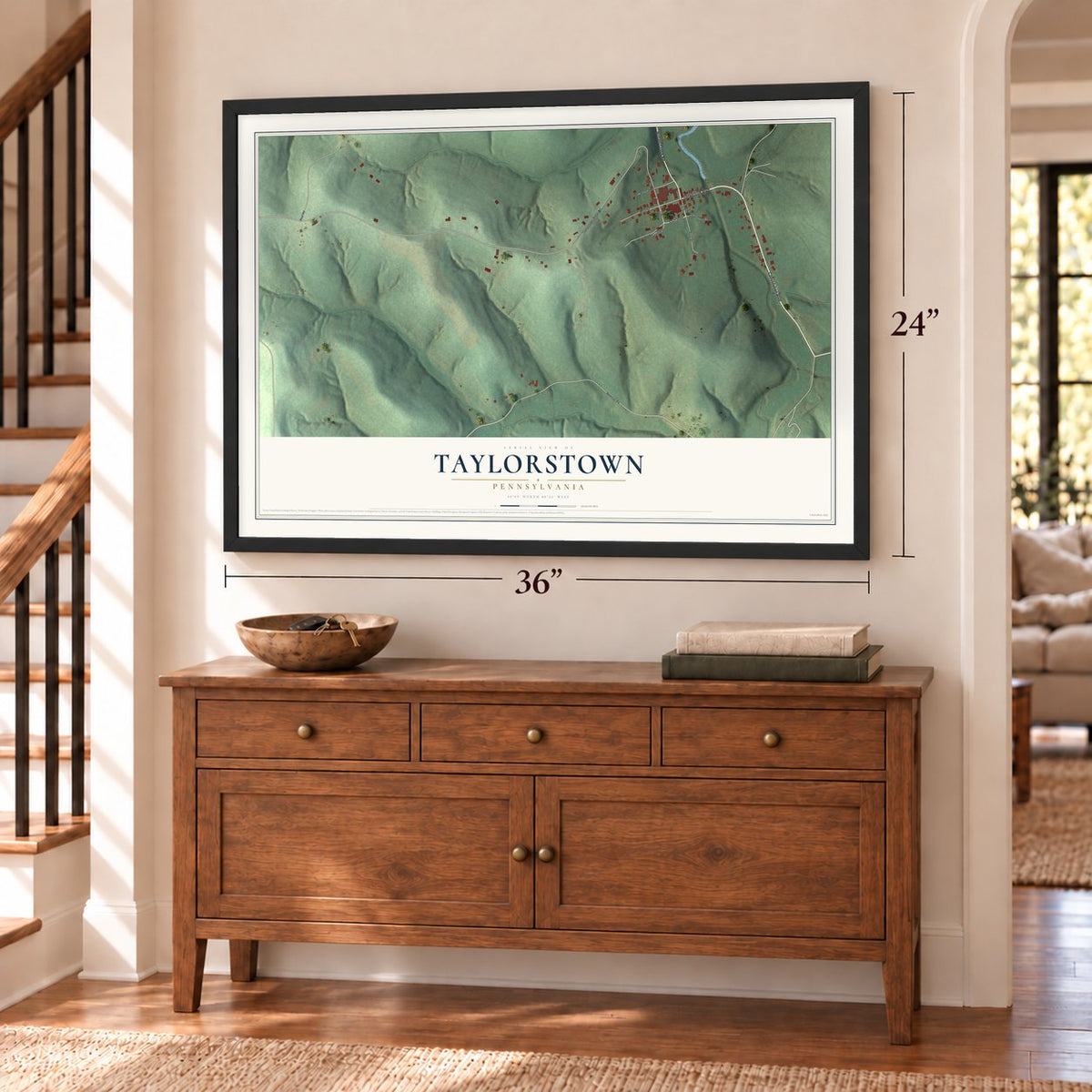 Taylorstown, Pennsylvania map, 24 x 36 inch print in a black frame above a dresser by a staircase