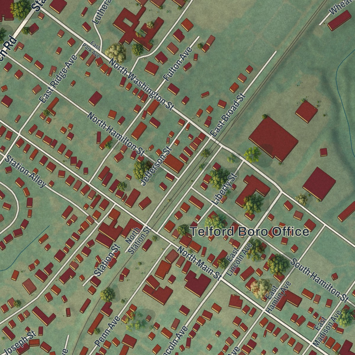 Close-up of the map of Telford, Pennsylvania print showing street and building detail