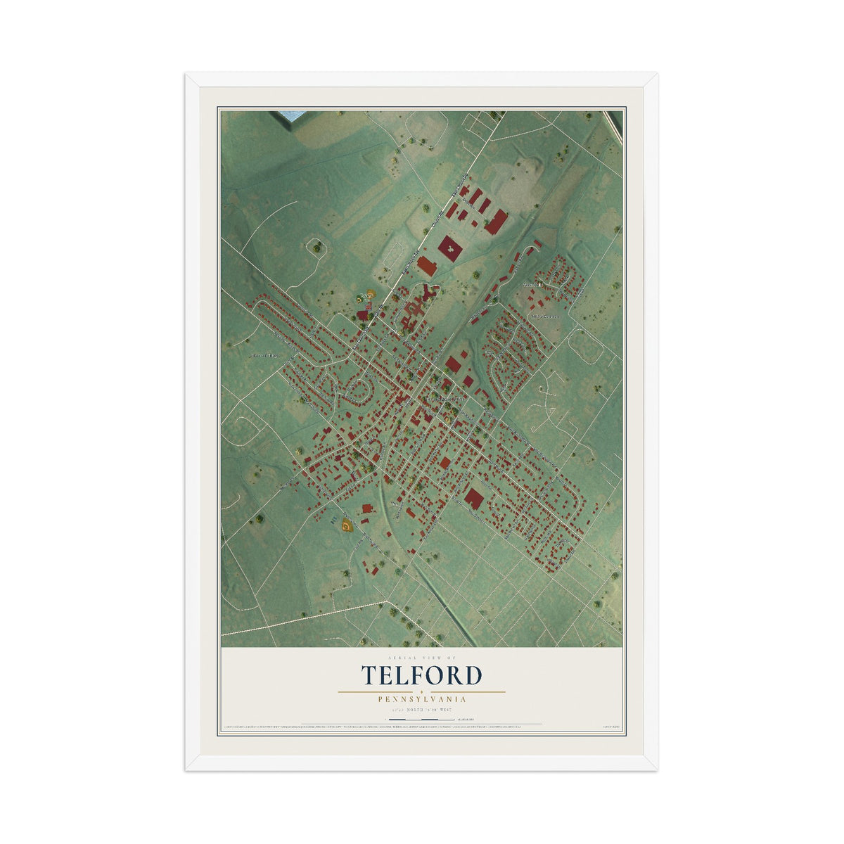 Map of Telford, Pennsylvania, 12 x 18 inch print in a white wood frame
