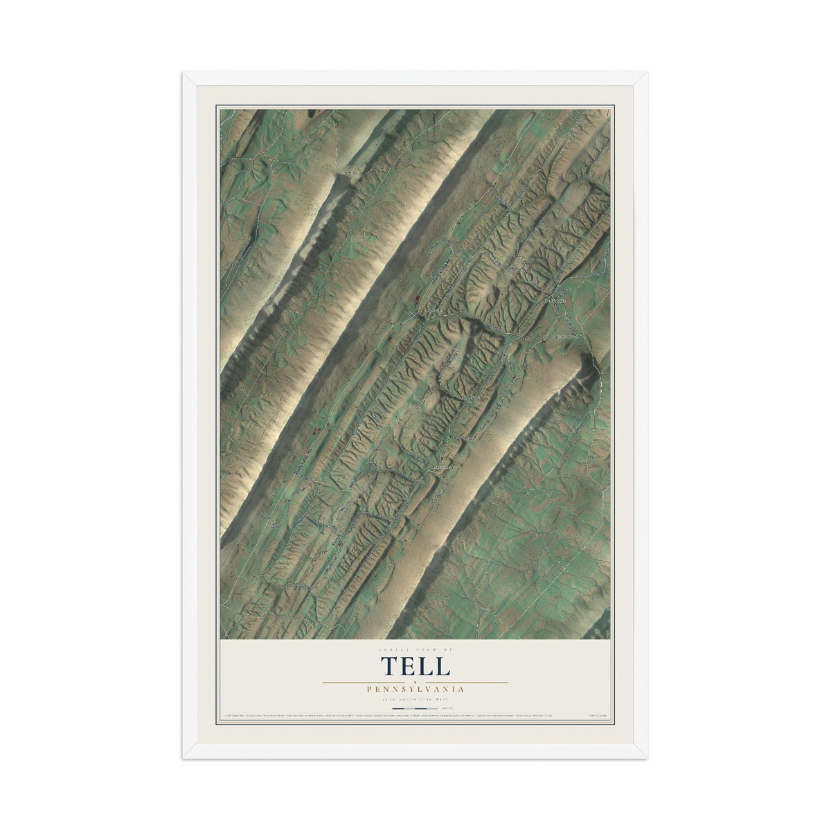 Map of Tell, Pennsylvania, 12 x 18 inch print in a white wood frame