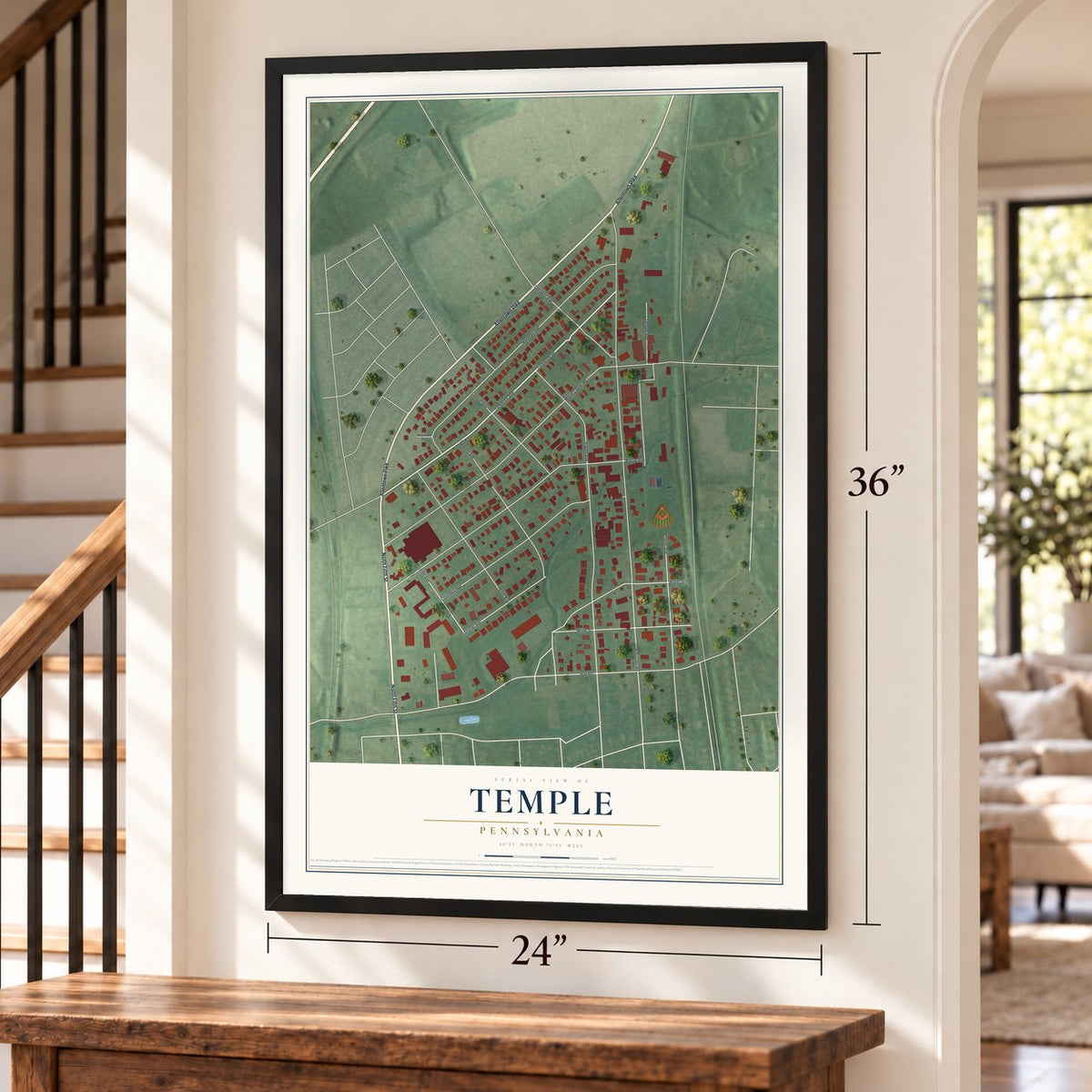 Temple, Pennsylvania map, 24 x 36 inch print in a black frame by a staircase