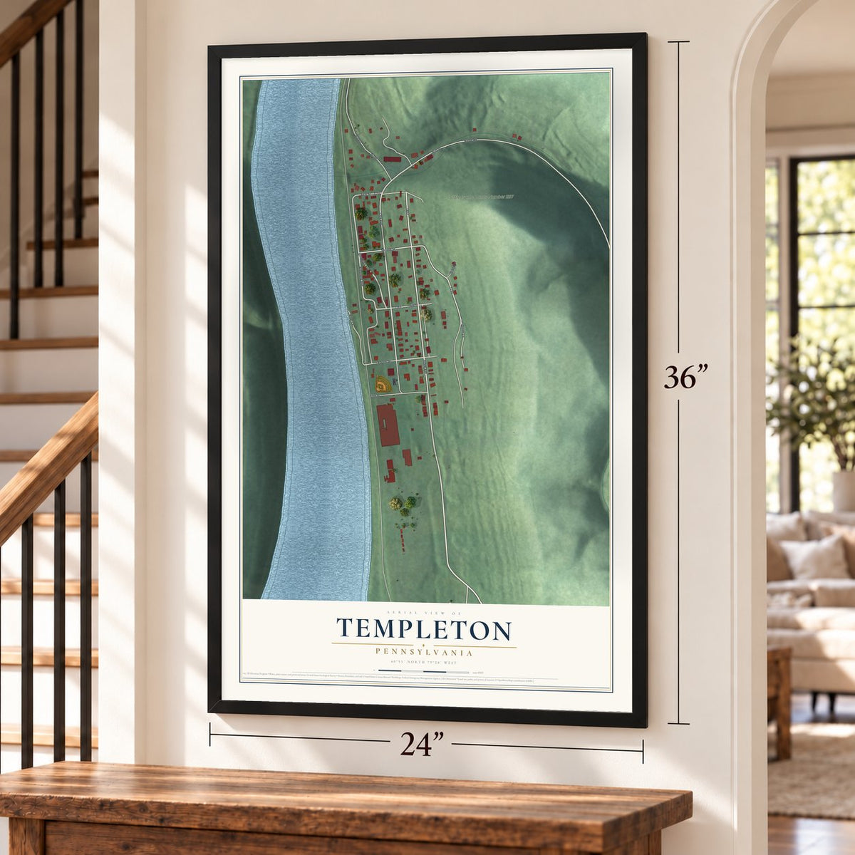 Templeton, Pennsylvania map, 24 x 36 inch print in a black frame by a staircase