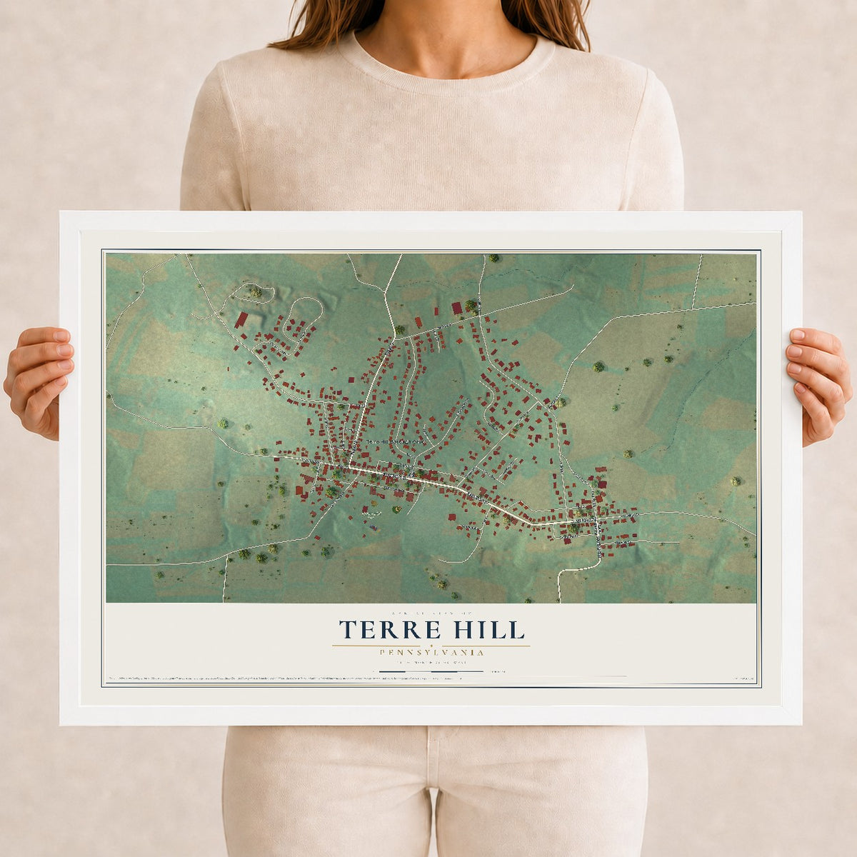 Map of Terre Hill, Pennsylvania, 12 x 18 inch print in a white wood frame