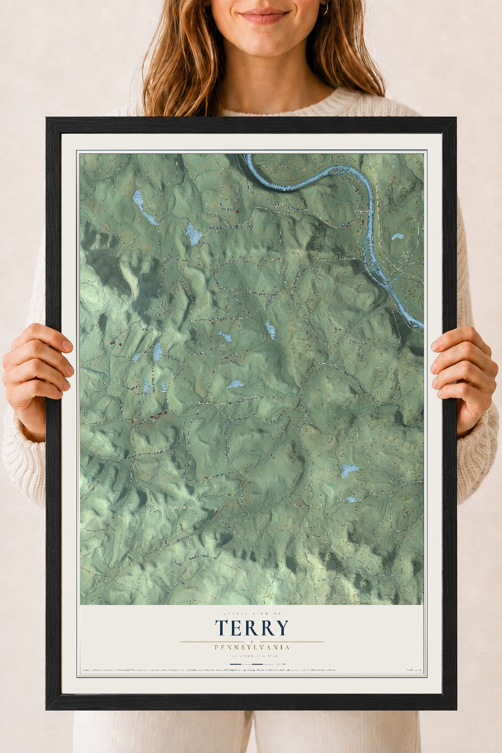 Map of Terry, Pennsylvania, 18 x 24 inch print in a black wood frame