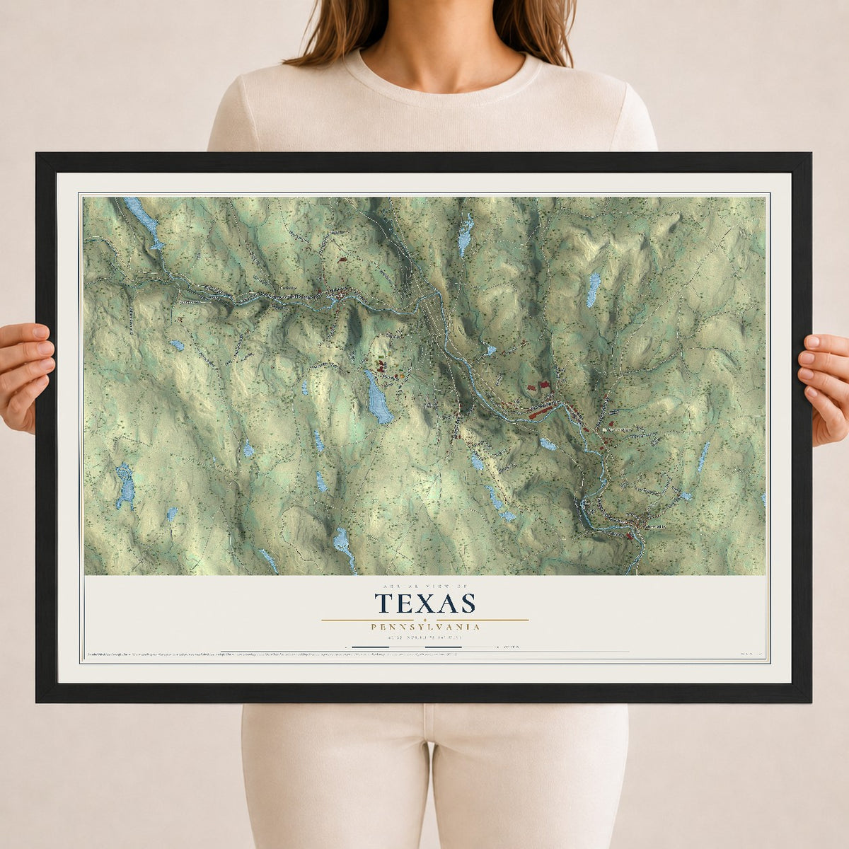 Map of Texas, Pennsylvania, 18 x 24 inch print in a black wood frame
