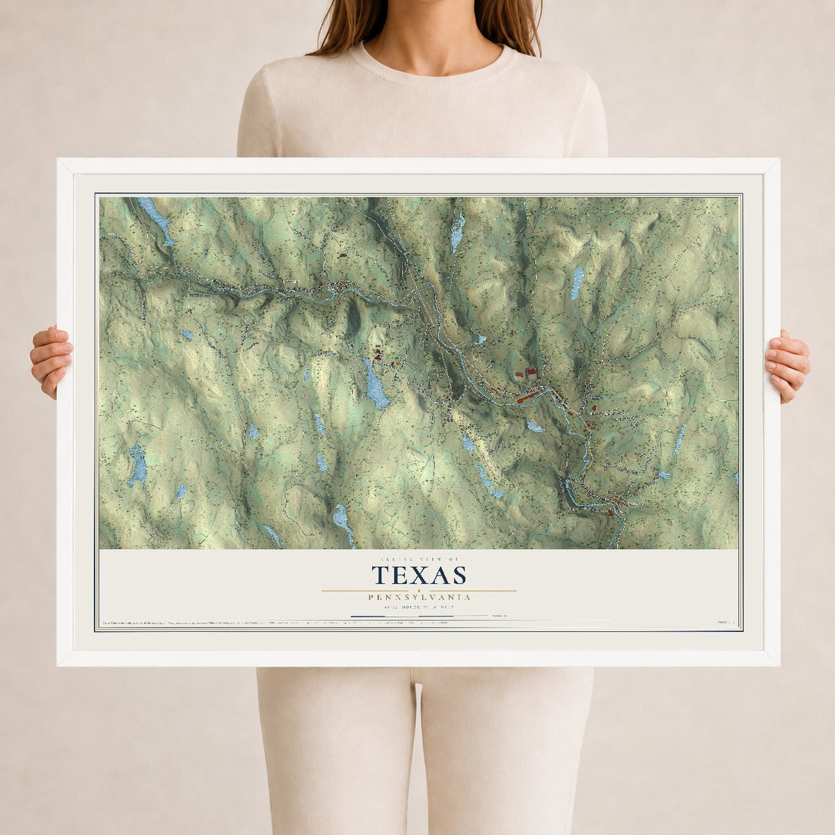 Map of Texas, Pennsylvania, 24 x 36 inch print in a white wood frame