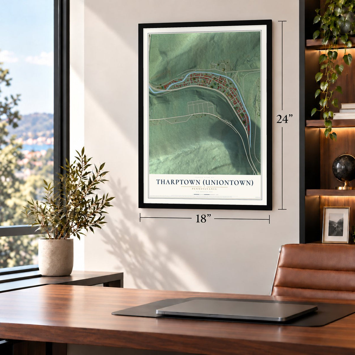 Tharptown (Uniontown), Pennsylvania map, 18 x 24 inch print in a black frame in a home office