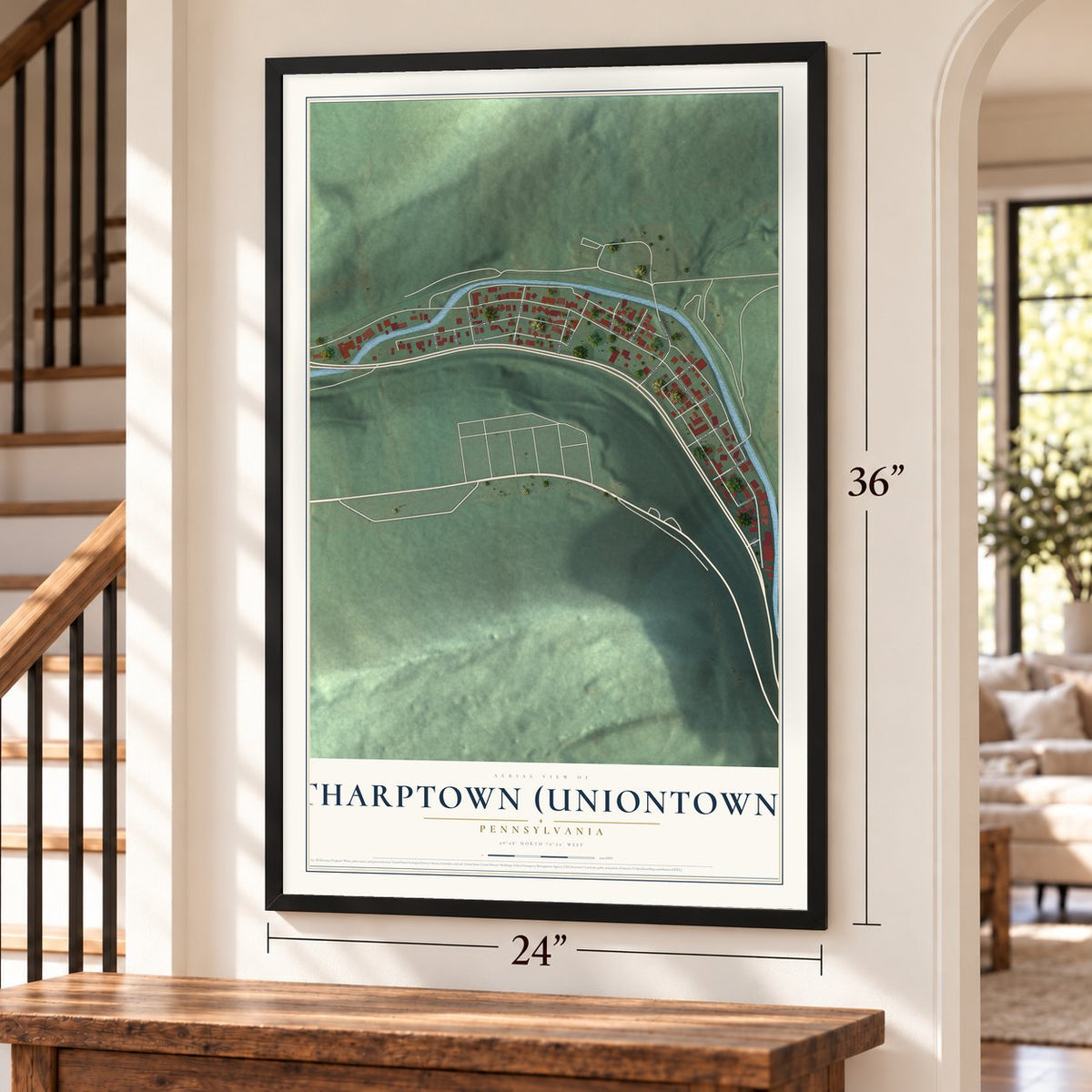 Tharptown (Uniontown), Pennsylvania map, 24 x 36 inch print in a black frame by a staircase