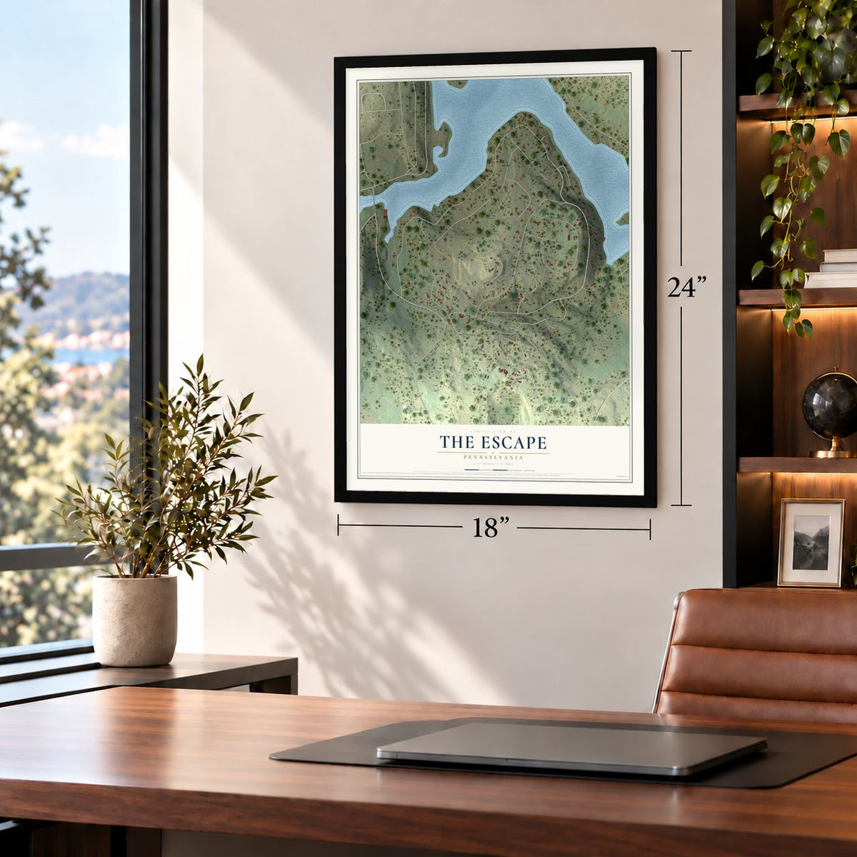 The Escape, Pennsylvania map, 18 x 24 inch print in a black frame in a home office