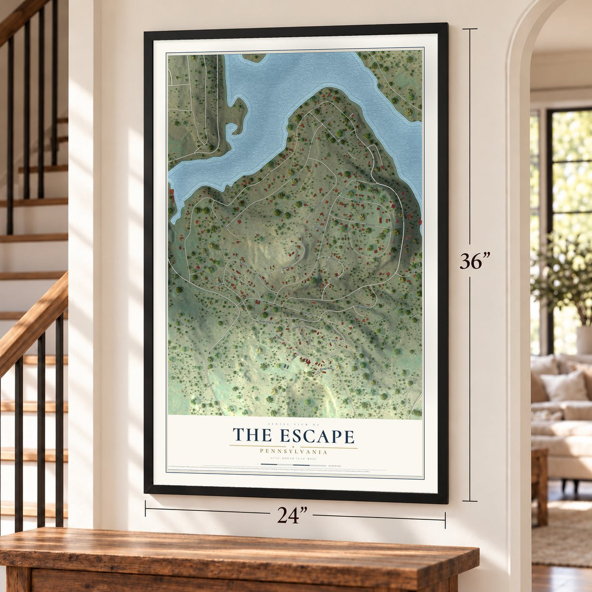 The Escape, Pennsylvania map, 24 x 36 inch print in a black frame by a staircase