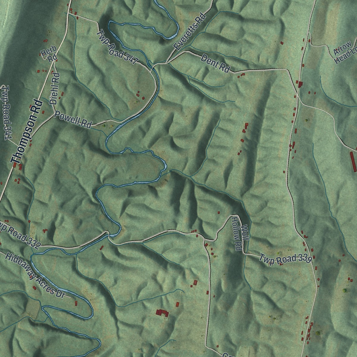 Close-up of the map of Thompson, Fulton County, Pennsylvania print showing street and building detail