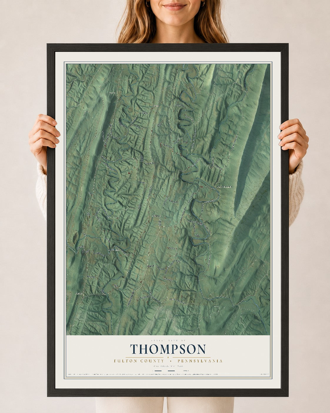 Map of Thompson, Fulton County, Pennsylvania, 24 x 36 inch print in a black wood frame
