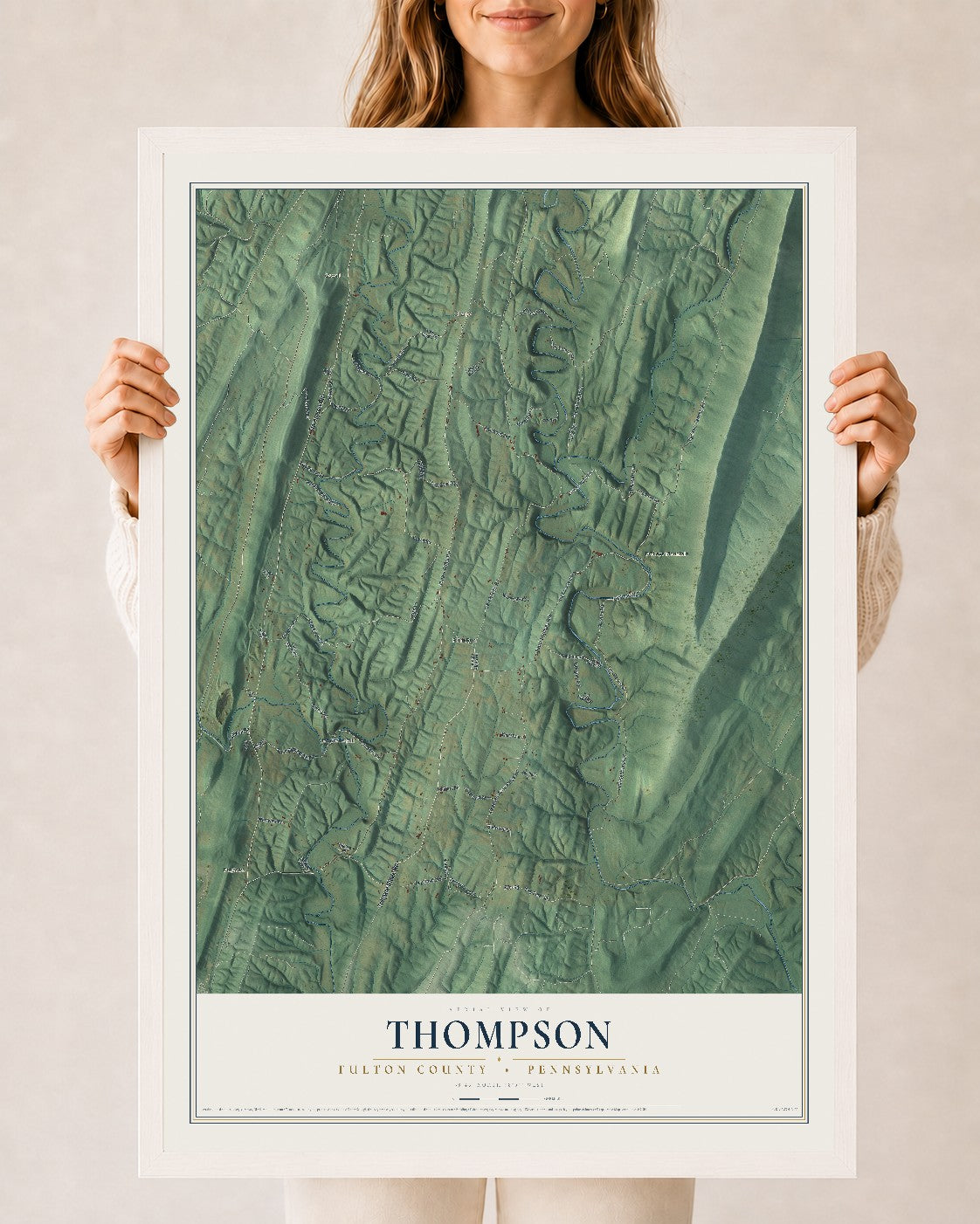 Map of Thompson, Fulton County, Pennsylvania, 24 x 36 inch print in a white wood frame