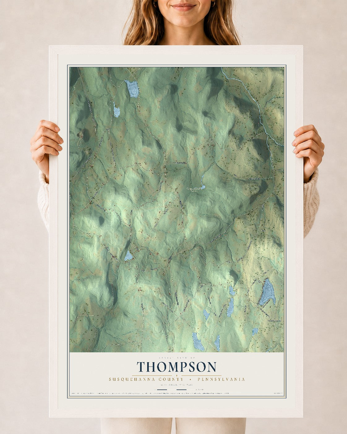 Map of Thompson, Susquehanna County, Pennsylvania, 24 x 36 inch print in a white wood frame