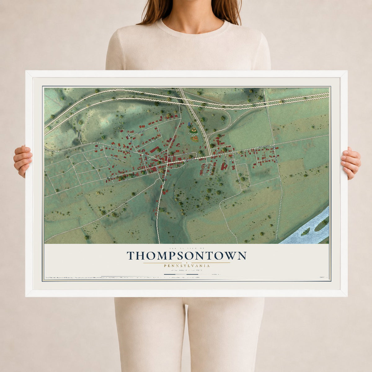 Map of Thompsontown, Pennsylvania, 24 x 36 inch print in a white wood frame