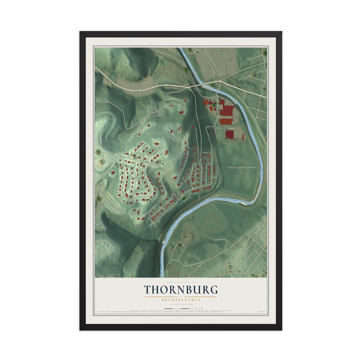 Map of Thornburg, Pennsylvania, 12 x 18 inch print in a black wood frame