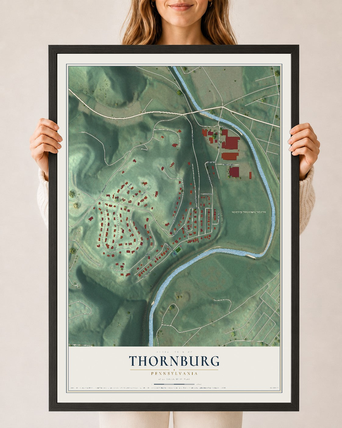 Map of Thornburg, Pennsylvania, 24 x 36 inch print in a black wood frame