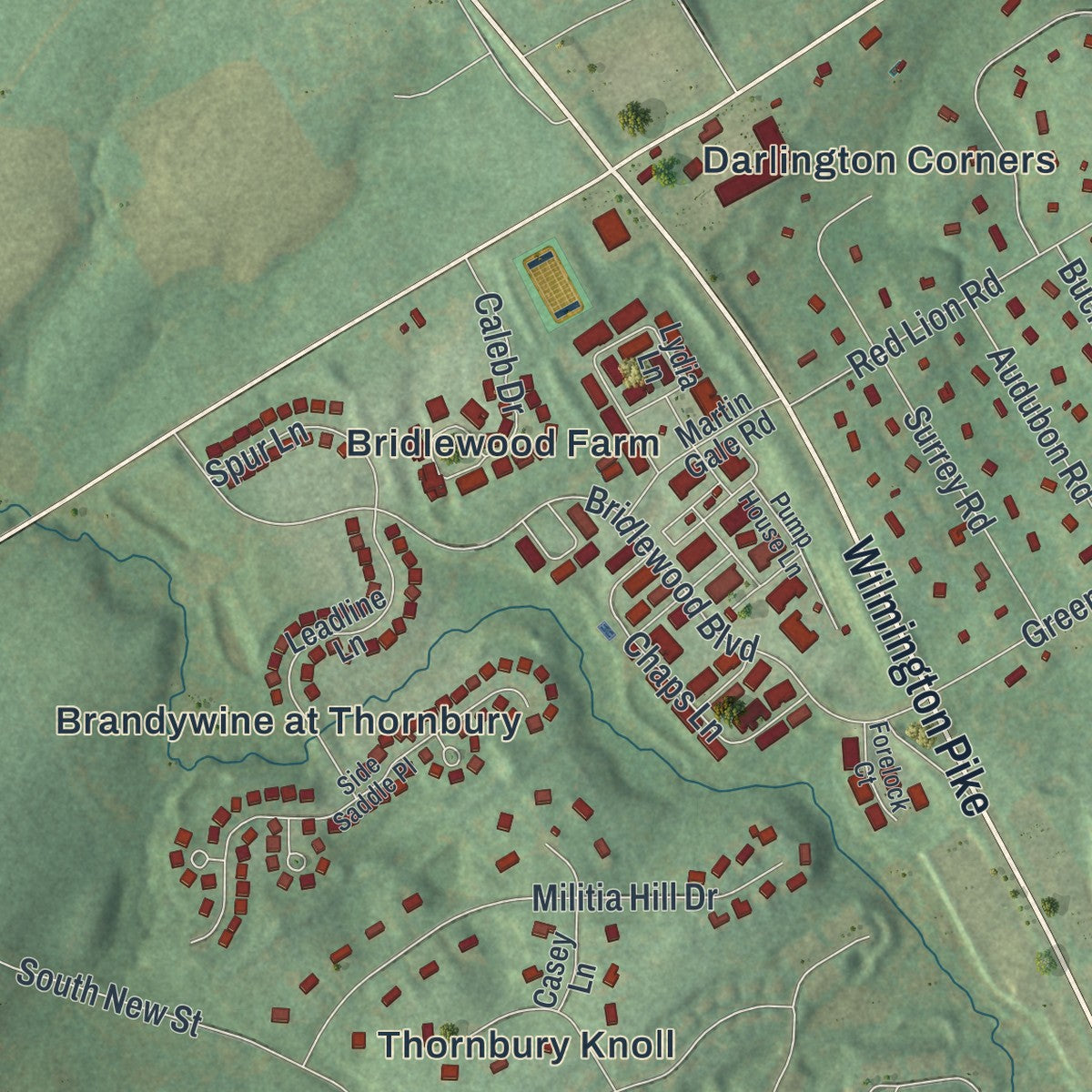 Close-up of the map of Thornbury, Chester County, Pennsylvania print showing street and building detail