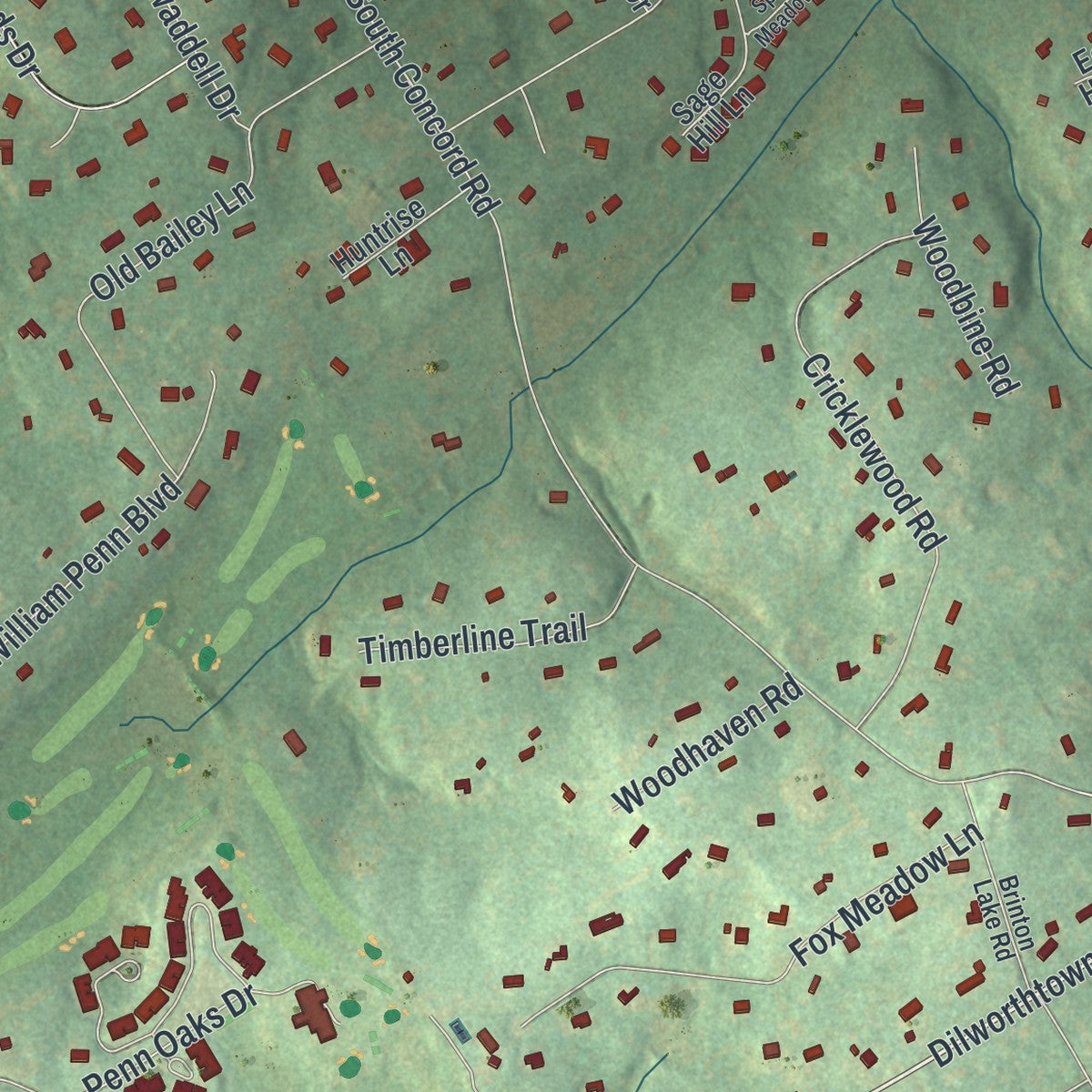 Second close-up of the map of Thornbury, Chester County, Pennsylvania print showing more streets and buildings