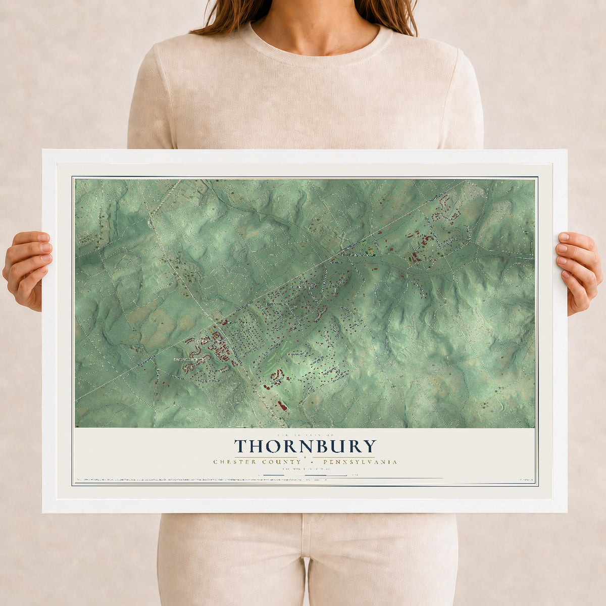 Map of Thornbury, Chester County, Pennsylvania, 12 x 18 inch print in a white wood frame