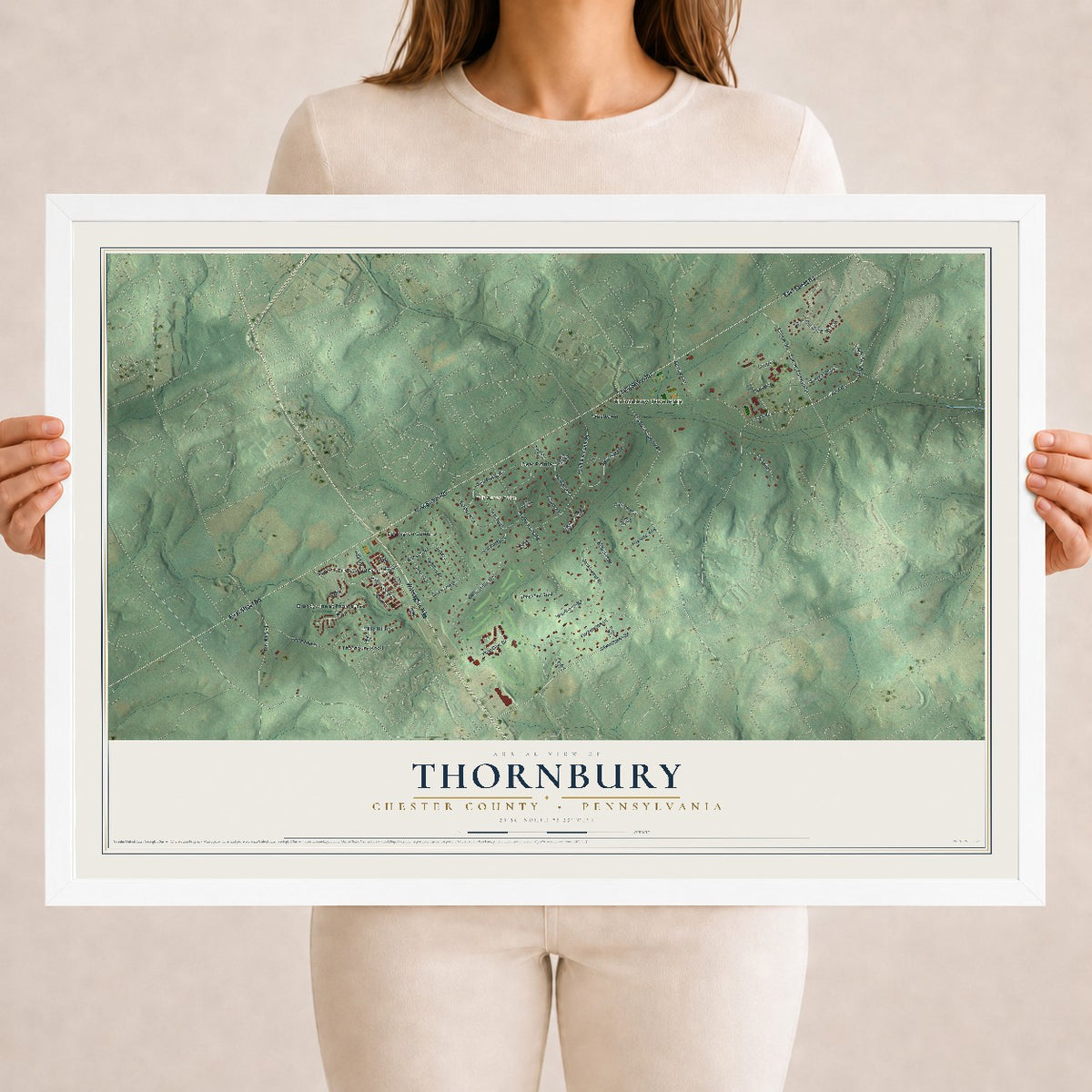 Map of Thornbury, Chester County, Pennsylvania, 18 x 24 inch print in a white wood frame