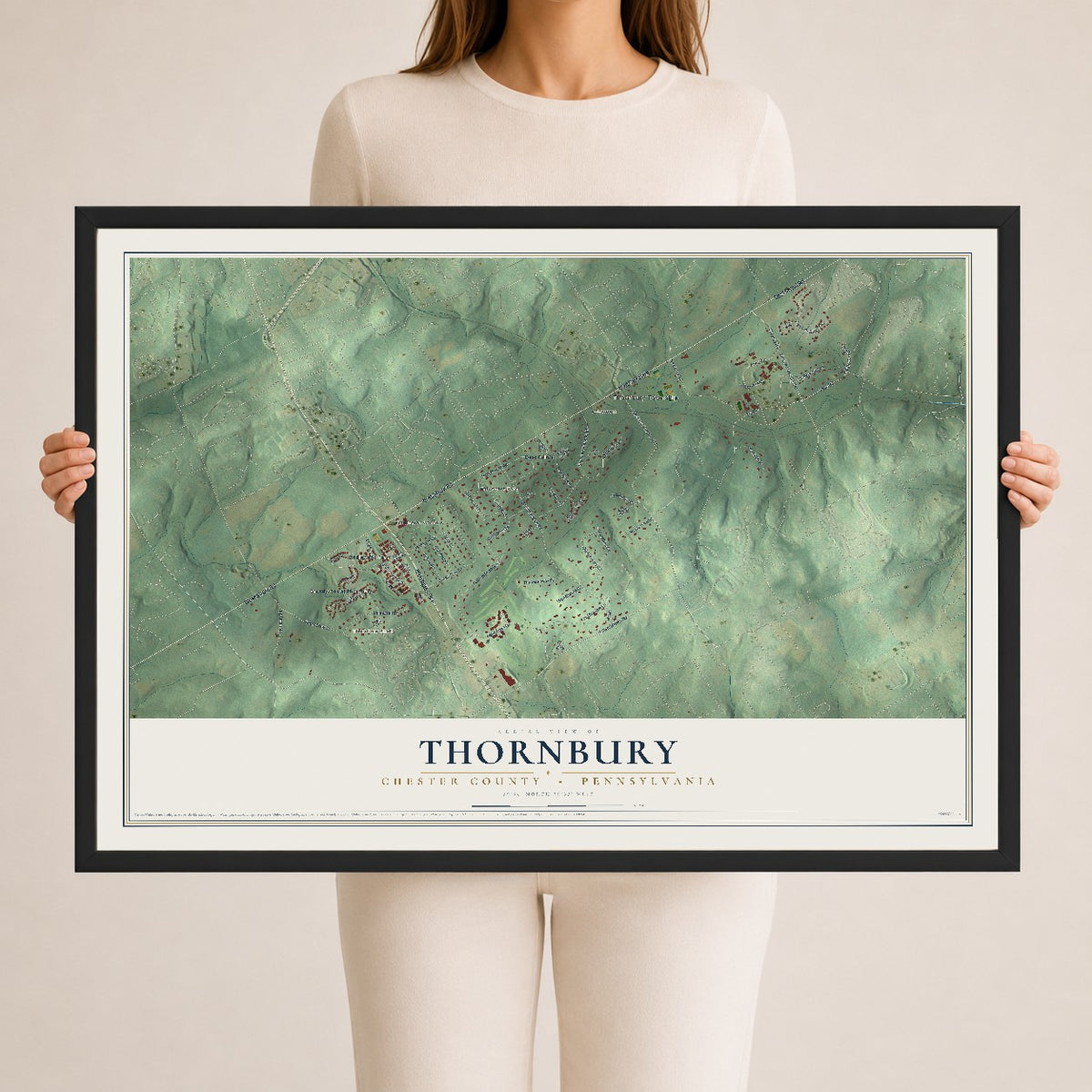 Map of Thornbury, Chester County, Pennsylvania, 24 x 36 inch print in a black wood frame