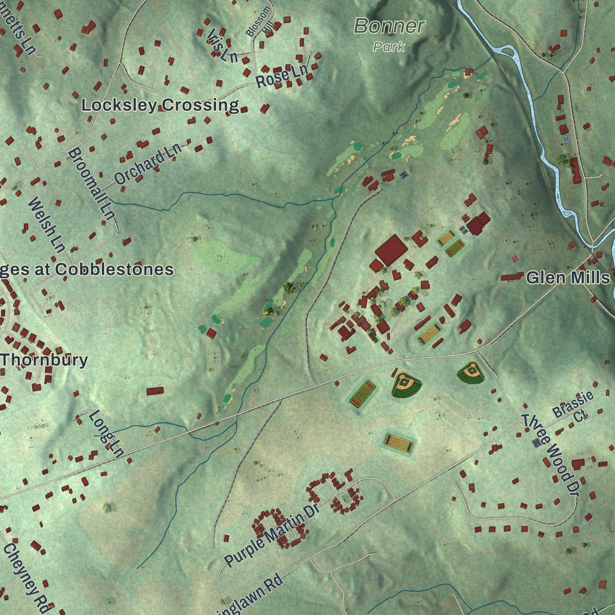 Second close-up of the map of Thornbury, Delaware County, Pennsylvania print showing more streets and buildings
