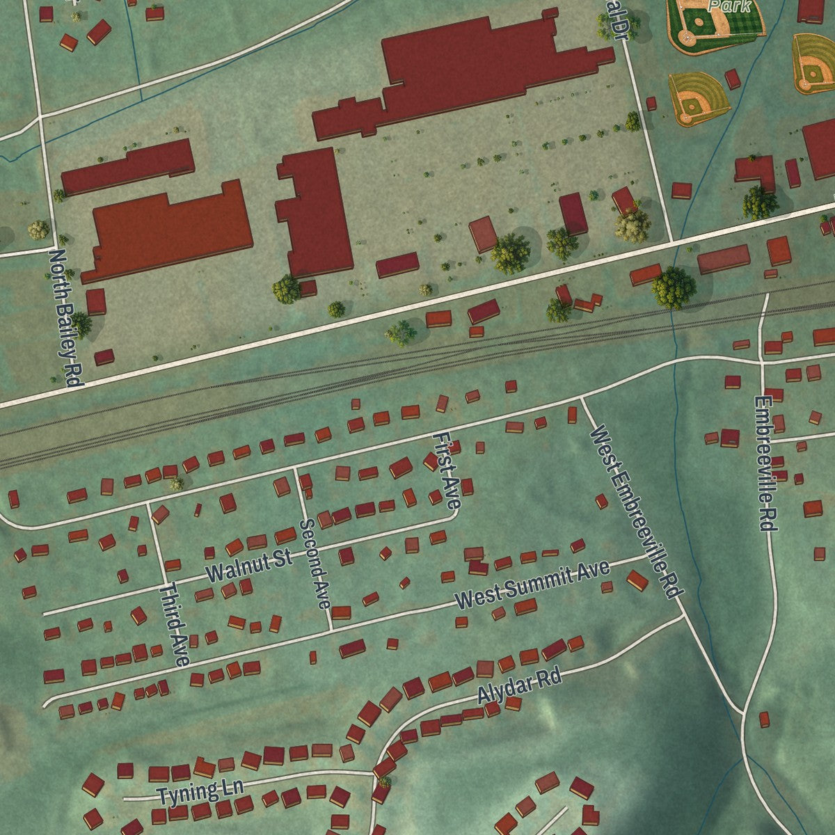 Close-up of the map of Thorndale, Pennsylvania print showing street and building detail