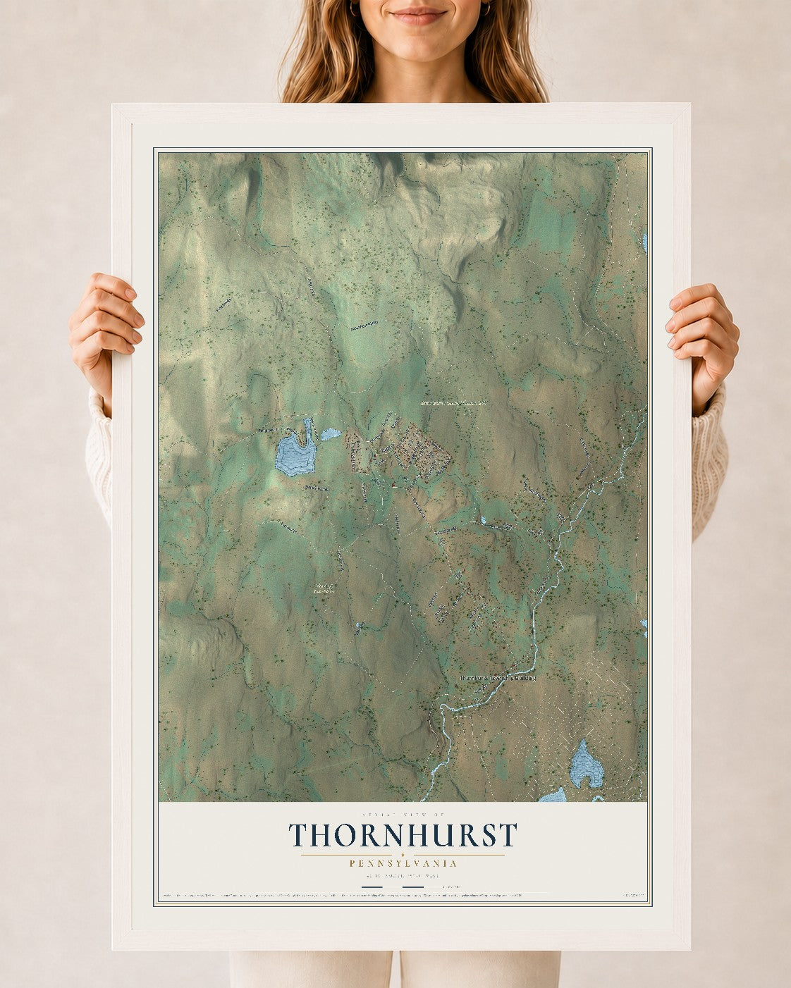 Map of Thornhurst, Pennsylvania, 24 x 36 inch print in a white wood frame