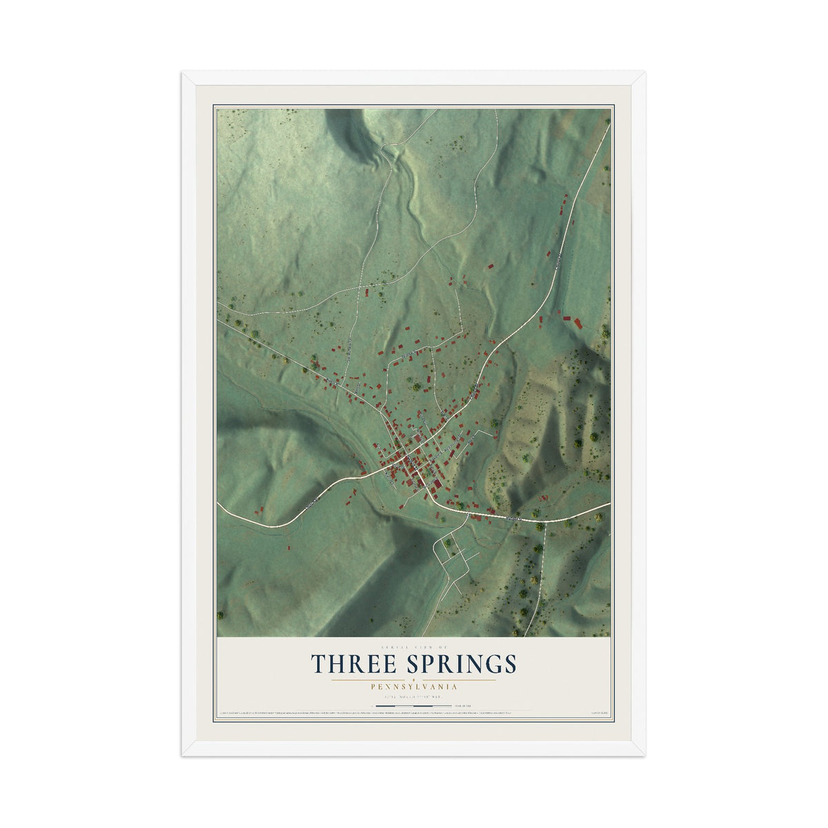 Map of Three Springs, Pennsylvania, 12 x 18 inch print in a white wood frame