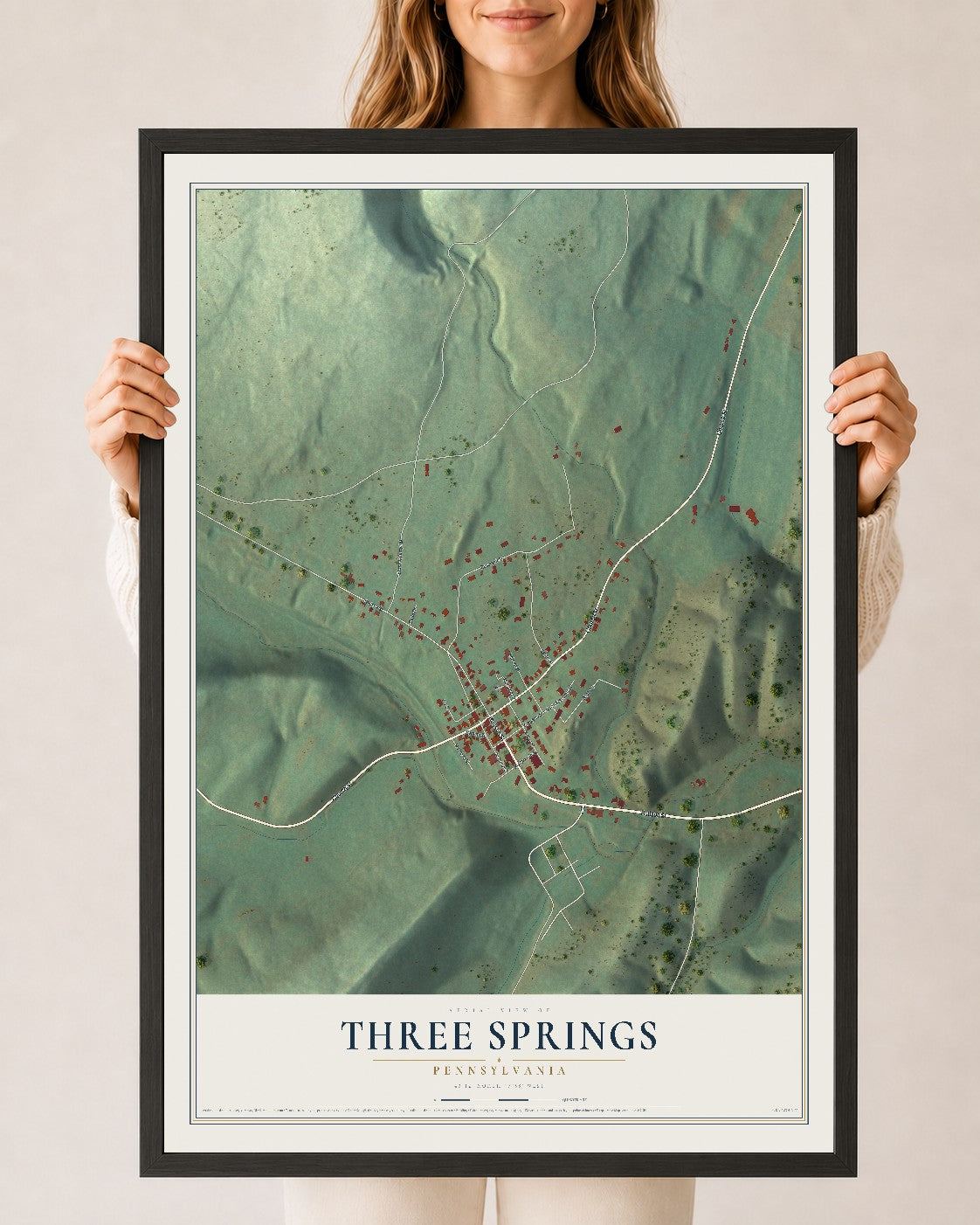Map of Three Springs, Pennsylvania, 24 x 36 inch print in a black wood frame