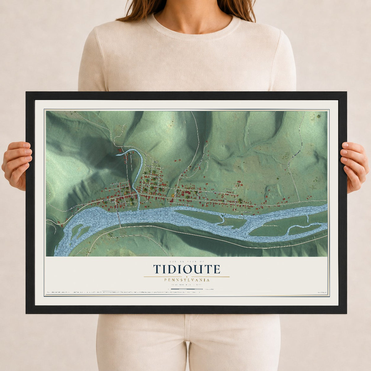 Map of Tidioute, Pennsylvania, 12 x 18 inch print in a black wood frame