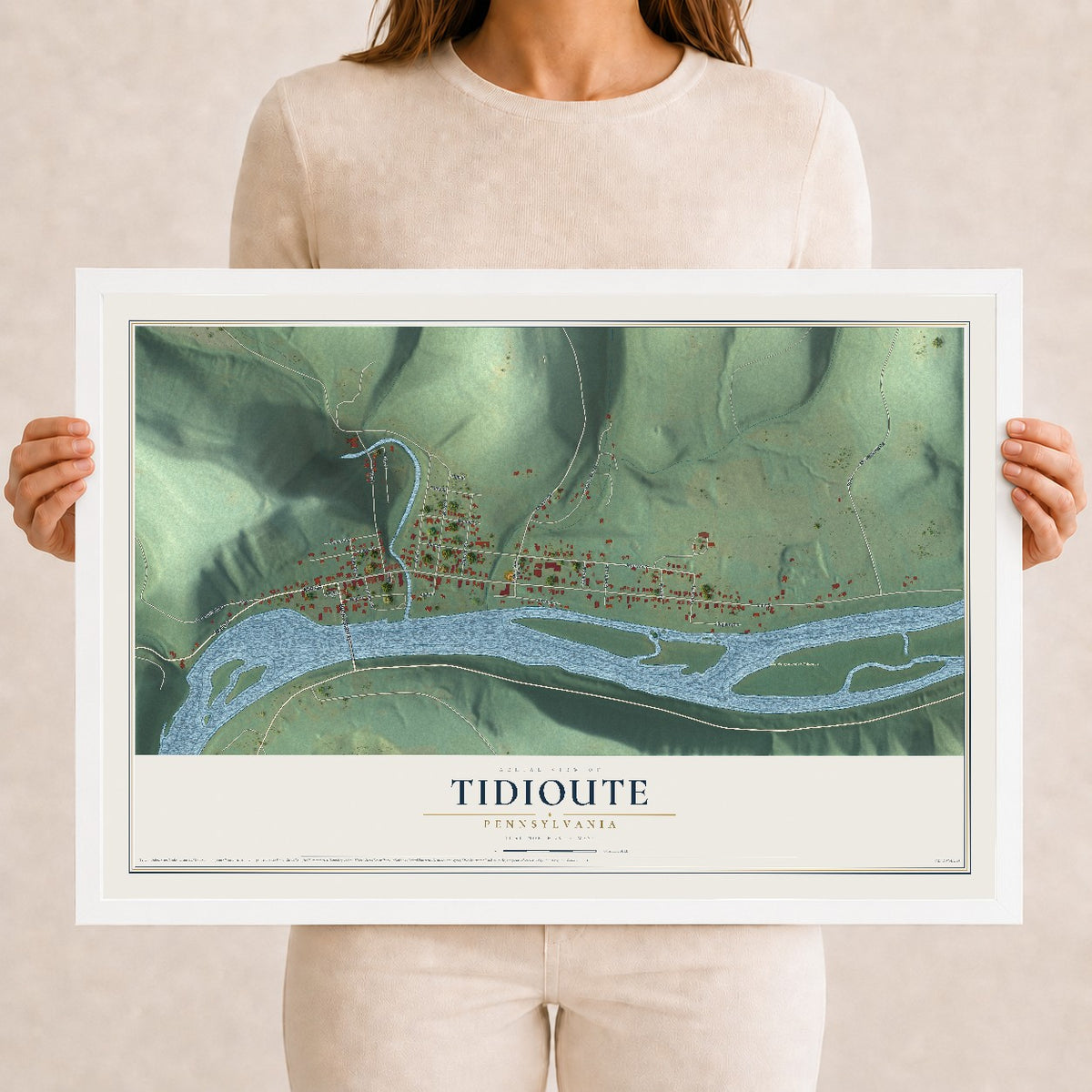 Map of Tidioute, Pennsylvania, 12 x 18 inch print in a white wood frame