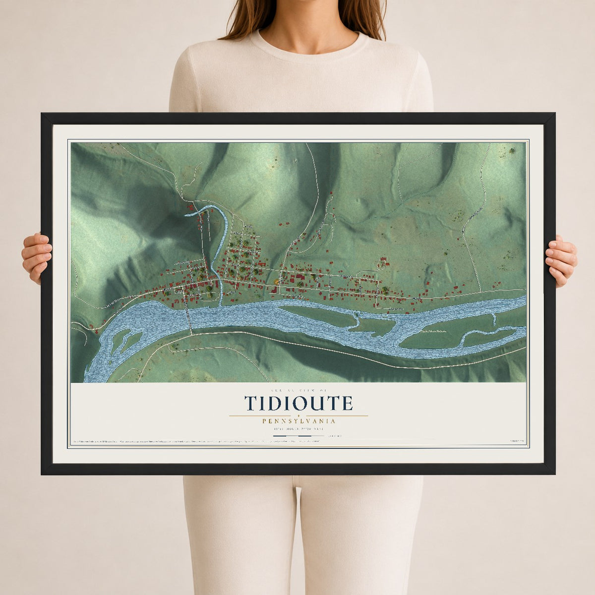 Map of Tidioute, Pennsylvania, 24 x 36 inch print in a black wood frame