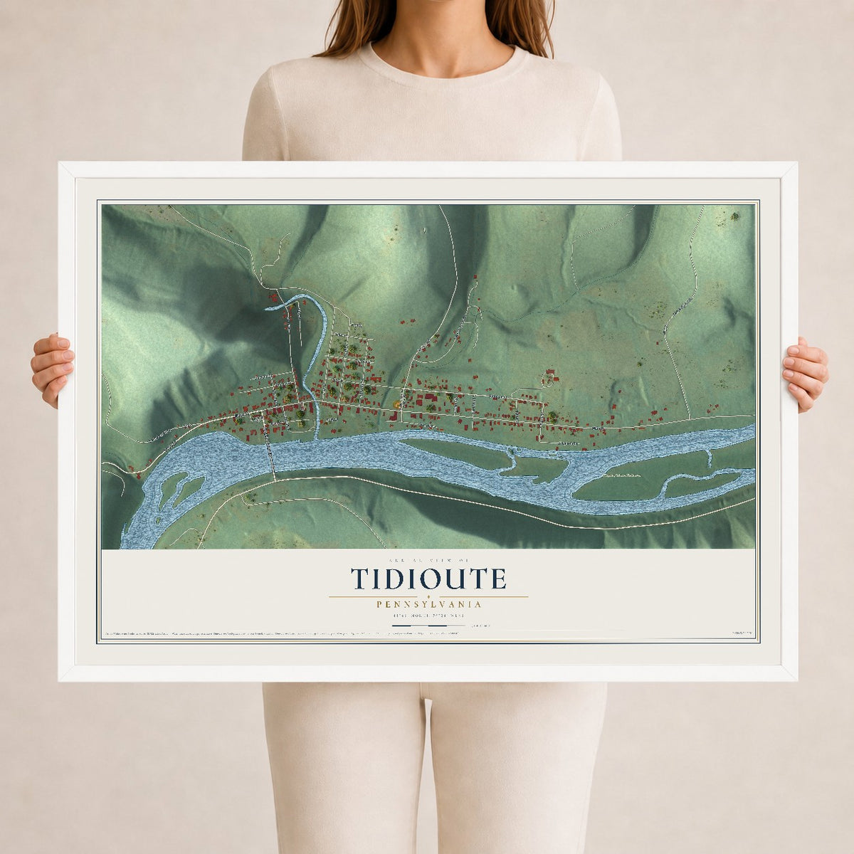 Map of Tidioute, Pennsylvania, 24 x 36 inch print in a white wood frame