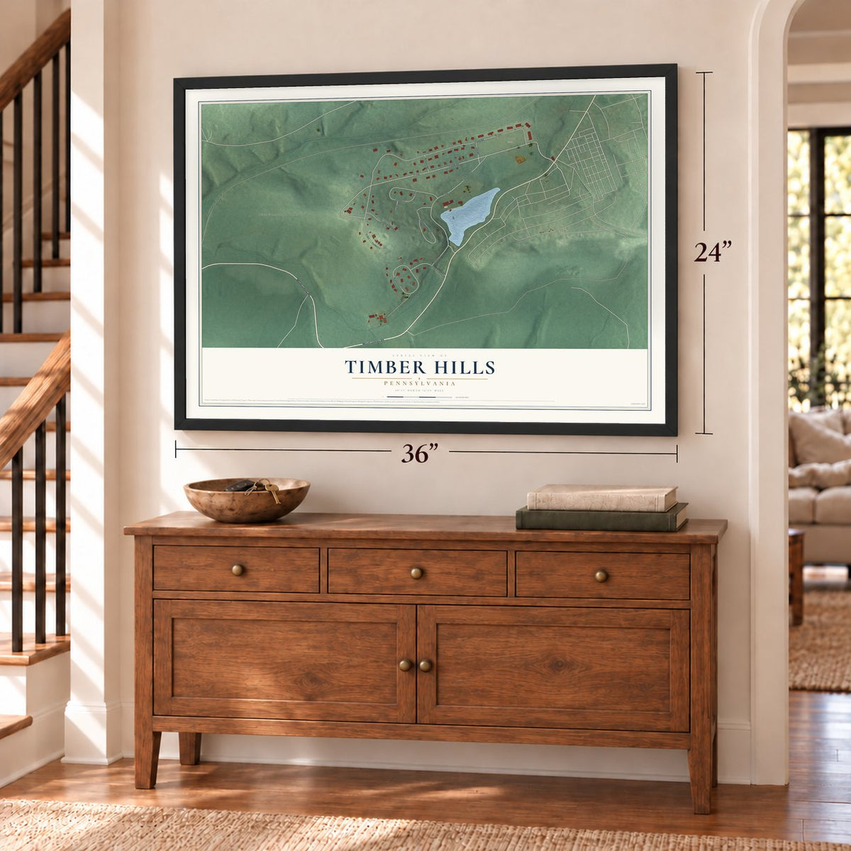 Timber Hills, Pennsylvania map, 24 x 36 inch print in a black frame above a dresser by a staircase