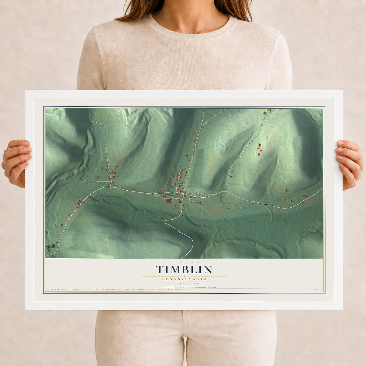 Map of Timblin, Pennsylvania, 12 x 18 inch print in a white wood frame