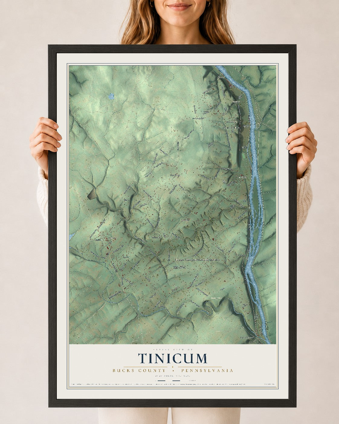 Map of Tinicum, Bucks County, Pennsylvania, 24 x 36 inch print in a black wood frame
