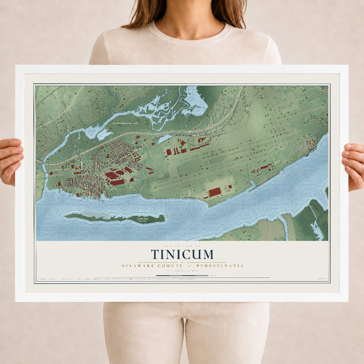 Map of Tinicum, Delaware County, Pennsylvania, 18 x 24 inch print in a white wood frame