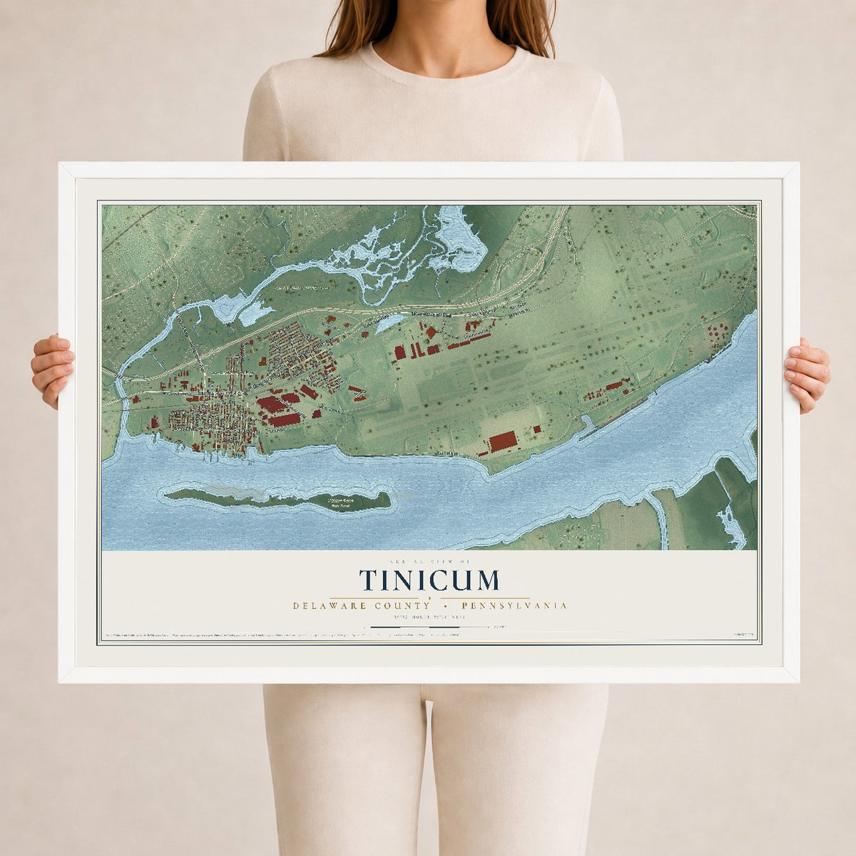 Map of Tinicum, Delaware County, Pennsylvania, 24 x 36 inch print in a white wood frame