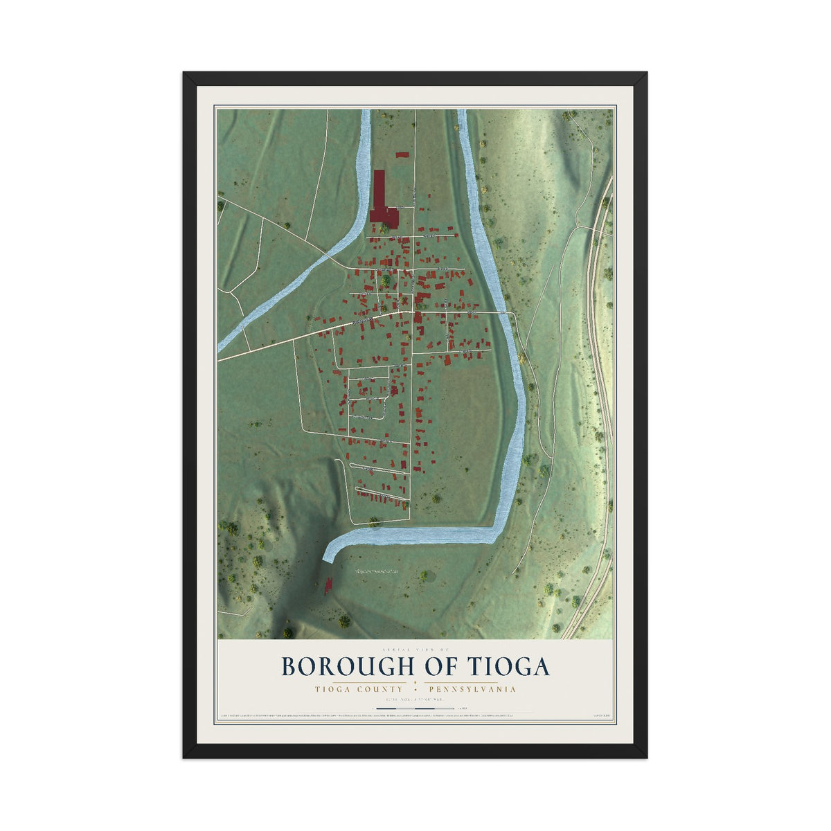 Map of the Borough of Tioga, Tioga County, Pennsylvania, 12 x 18 inch print in a black wood frame