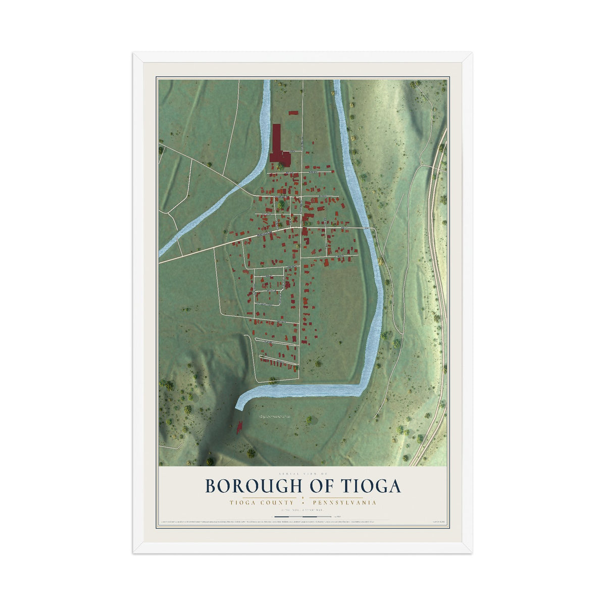 Map of the Borough of Tioga, Tioga County, Pennsylvania, 12 x 18 inch print in a white wood frame