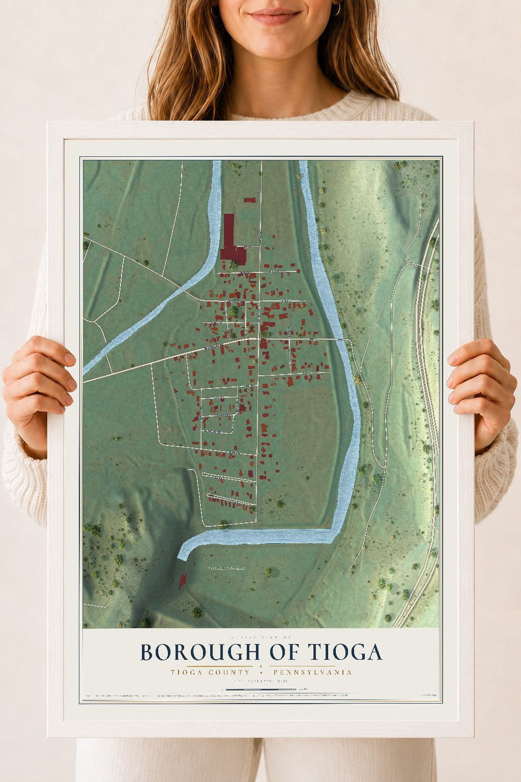 Map of the Borough of Tioga, Tioga County, Pennsylvania, 18 x 24 inch print in a white wood frame