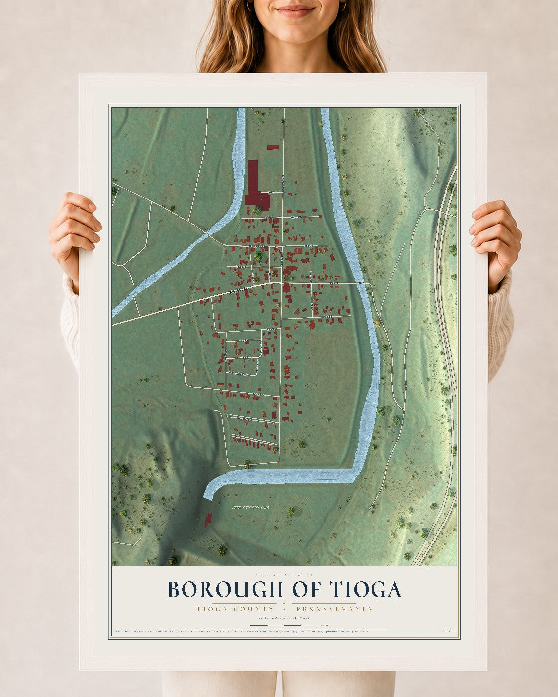Map of the Borough of Tioga, Tioga County, Pennsylvania, 24 x 36 inch print in a white wood frame