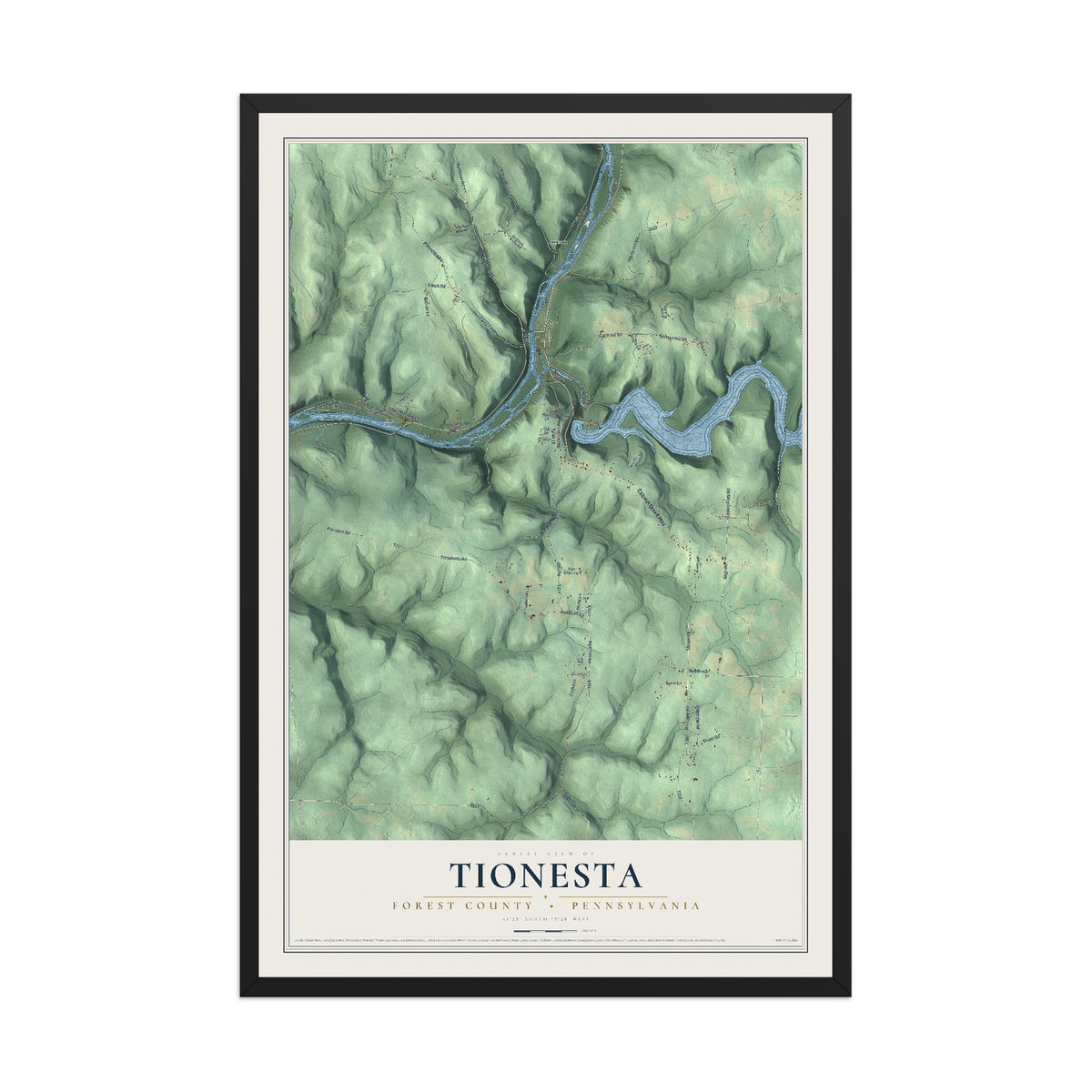 Map of Tionesta, Forest County, Pennsylvania, 12 x 18 inch print in a black wood frame