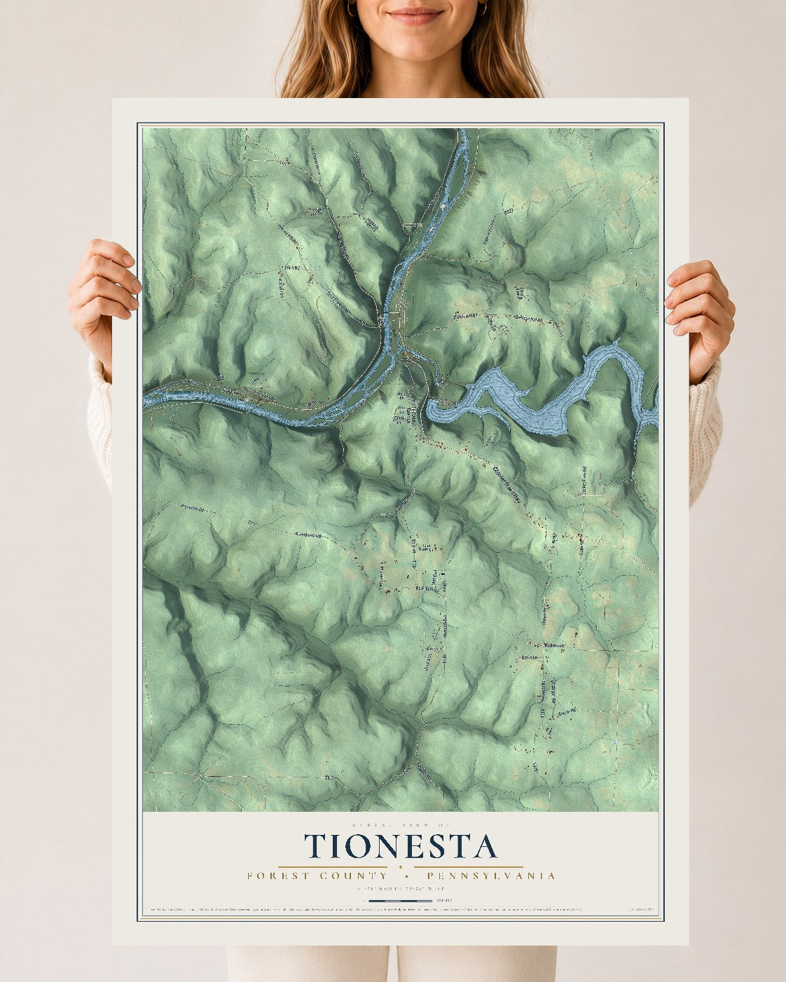 Map of Tionesta, Forest County, Pennsylvania, 24 x 36 inch unframed archival matte print