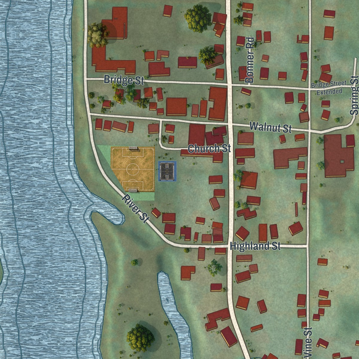 Close-up of the map of the Borough of Tionesta, Forest County, Pennsylvania print showing street and building detail